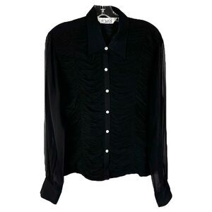 VTG‎ Ravel Large Top Silk Semi Sheer Ruffled Gathered Front Pearl Button Up 364